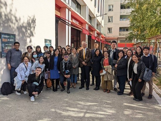 Representative Wu (center) in Lyon with BRTF personnel, Mandarin teachers & students